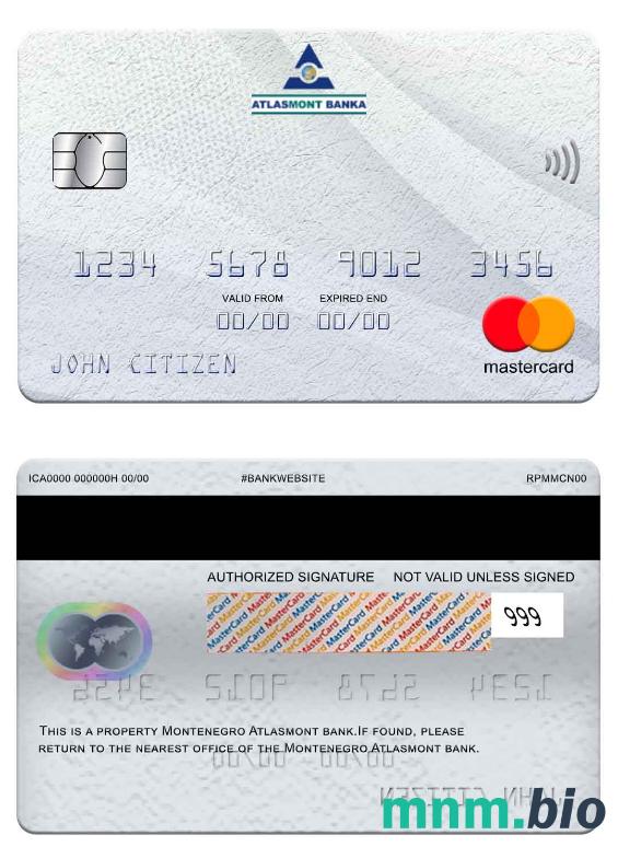 Montenegro Atlasmont Bank przykład karty mastercard w formacie PSD